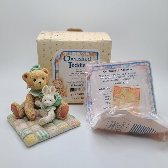 1991 Cherished Teddies "Camille" Bear w Bunny Figurine #950424 Lost Without You - Picture 1 of 7